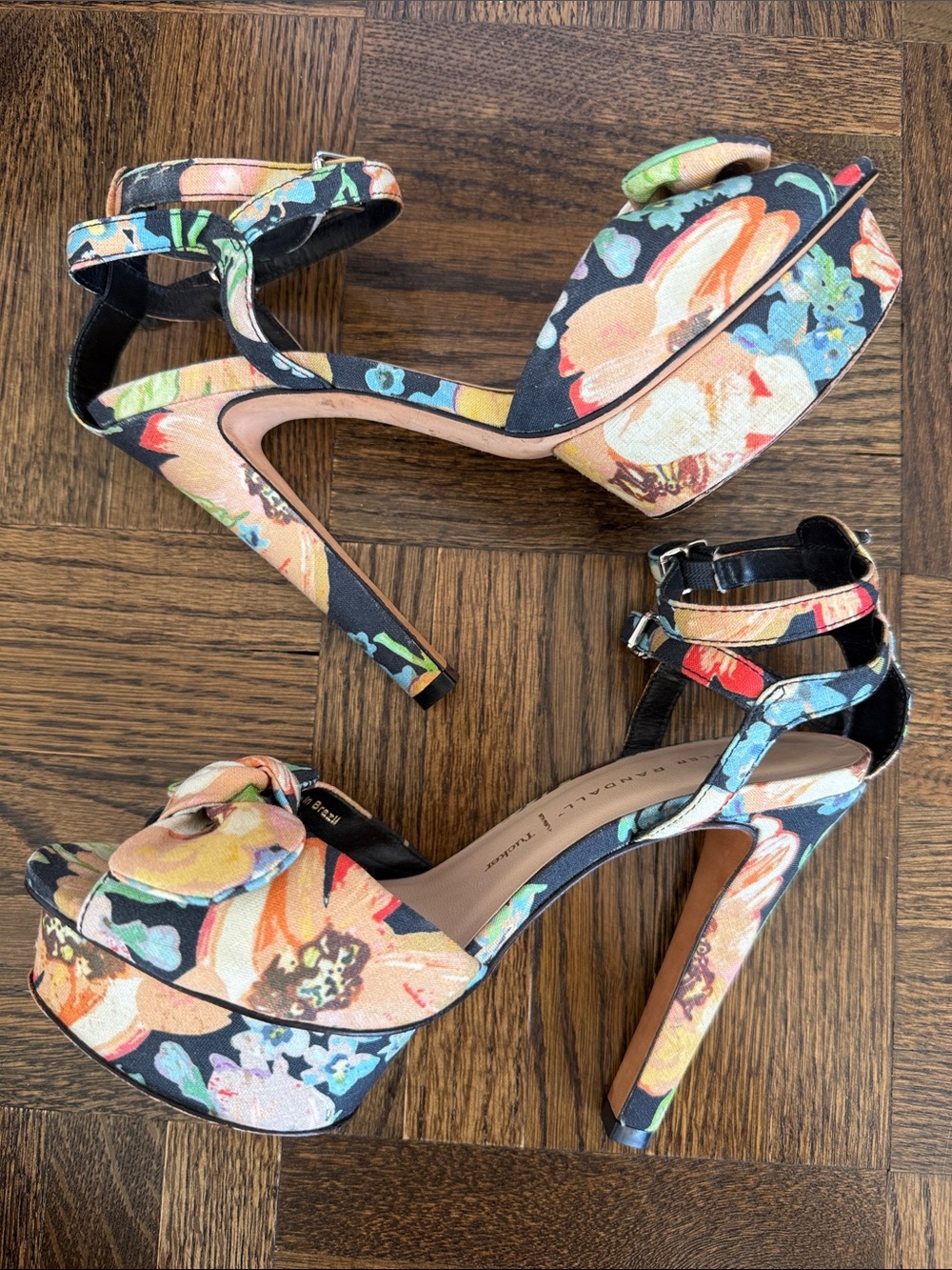 Loeffler Randall Floral Platform Ankle-Strap Heels in Black and Multicolor 38